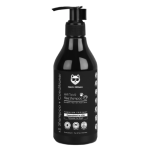 Hachiwilson Anti Tick & Flea Shampoo bottle with Lavender Chamomile scent."