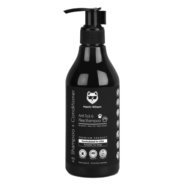 Hachiwilson Anti Tick & Flea Shampoo bottle with Lavender Chamomile scent."