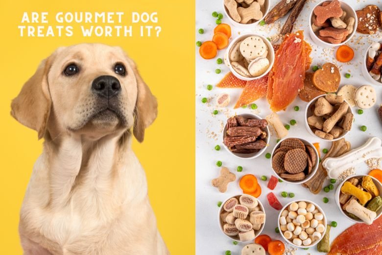 Happy dog with gourmet dog treats,