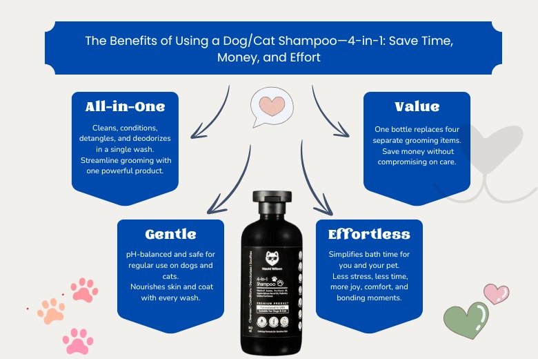 Dog and cat enjoying a bath with a 4-in-1 shampoo, showcasing the benefits of using a dog/cat shampoo—4-in-1: save time, money, and effort.