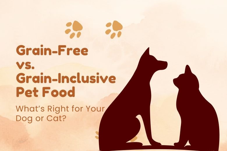 Dog and cat enjoying grain-free and grain-inclusive pet food.